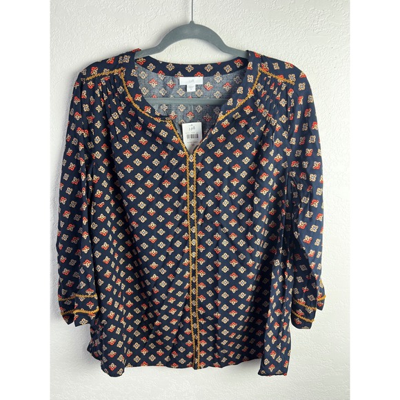 J.Jill Tops - J.Jill Geometric Print Split Neck Blouse Size Medium Navy Yellow Boho Careerwear